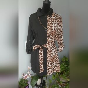 Leopard Panel Black Tunic Shirt Dress with Tie Belt